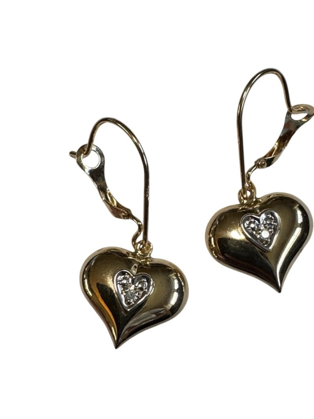 14k Diamond Puffy Heart Dangle Earrings